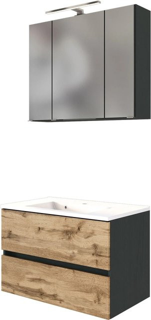 Held Möbel Waschtisch-Set Bari 2-tlg. in Wotaneiche und Graphitgrau mit Mineralgussbecken und Spiegelschrank, Breite: 80 cm - Bild 1