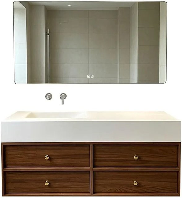 360Home Waschbecken Set mit Sinterstein Waschtisch, Unterschrank und LED Spiegel in Weiß, B: 120 cm, T: 55 cm, H: 40 cm - Bild 1