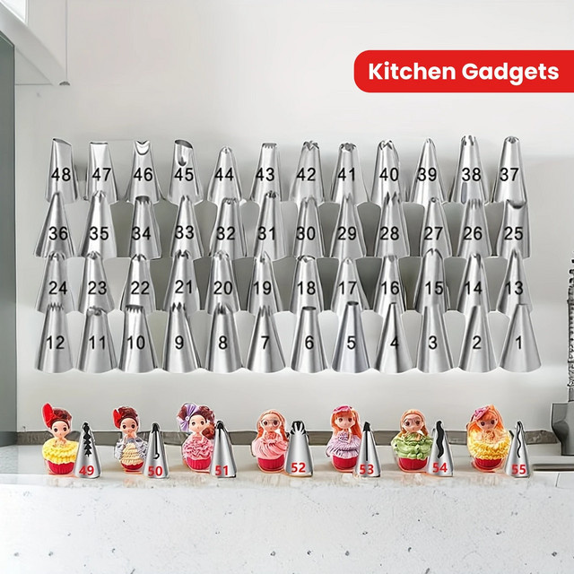 XMSJ 55-teiliges Kuchen-Spritztüllen-Set aus Edelstahl in Silber mit 48 Standard-Spitzen und 7 koreanischen Blumenspitzen für professionelle Buttercreme-Dekorationen - Bild 1
