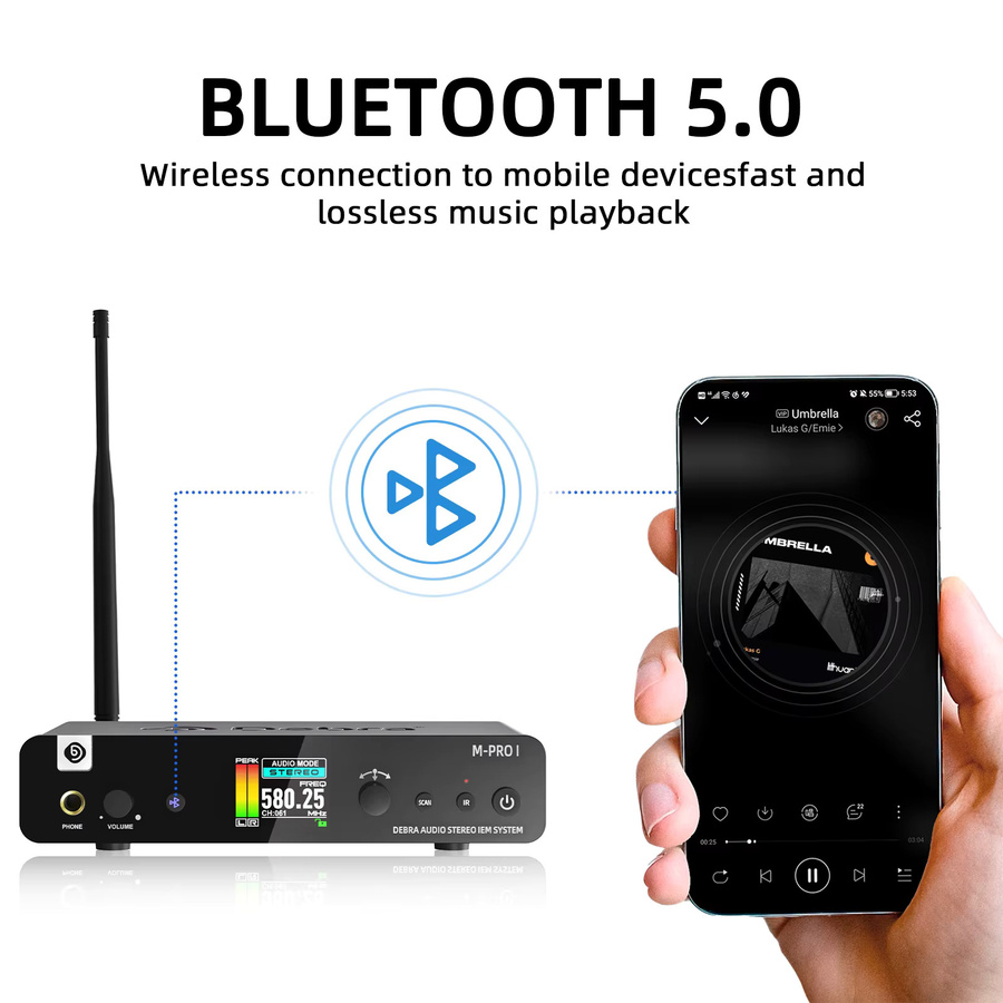 Debra M-PRO Stereo UHF Drahtloses In-Ear Monitoring System mit Bluetooth 5.0 in Schwarz - Bild 2