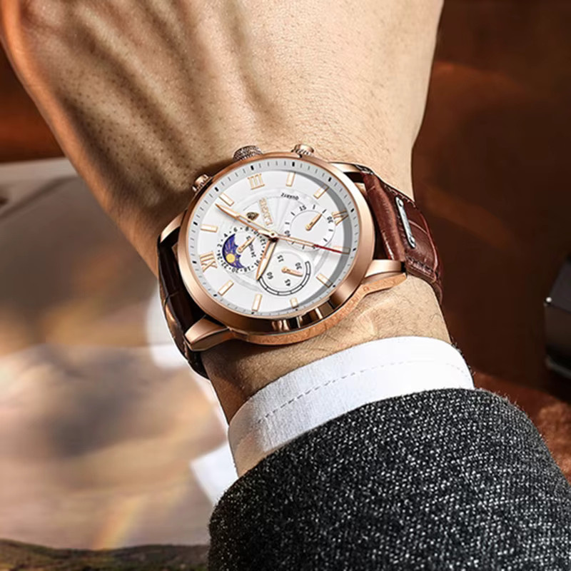 LIGE Chronograph Herrenuhr, Quarz, Leder, Roségold, Datum, Braun - Bild 5