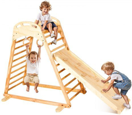 VEVOR 4-in-1 Indoor Playground Jungle Gym aus Kiefernholz für Kinder, Montessori Klettergerüst mit Rutsche, Kletterwand, Holzleiter und Gymnastikringen, Braun - Bild 1