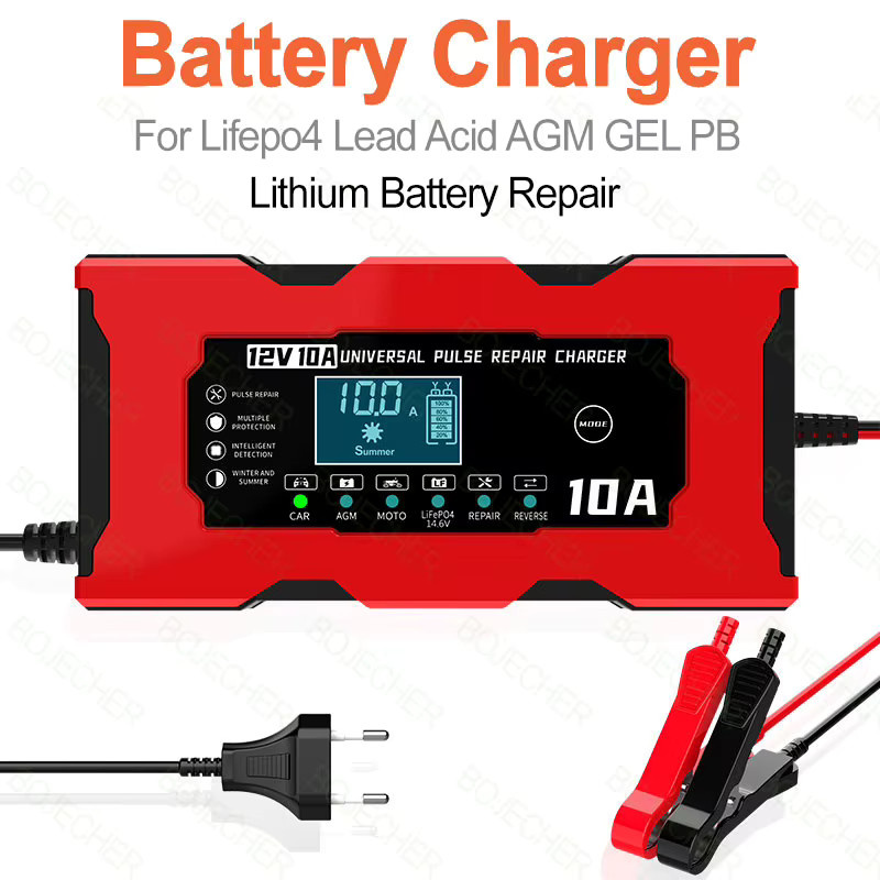 Smart Auto Batterie Ladegerät mit LCD Display, 12V 10A Puls Reparatur Ladegerät für LiFePO4, Blei-Säure, AGM, GEL und PB Lithium-Batterien, Farbe: Rot - Bild 2