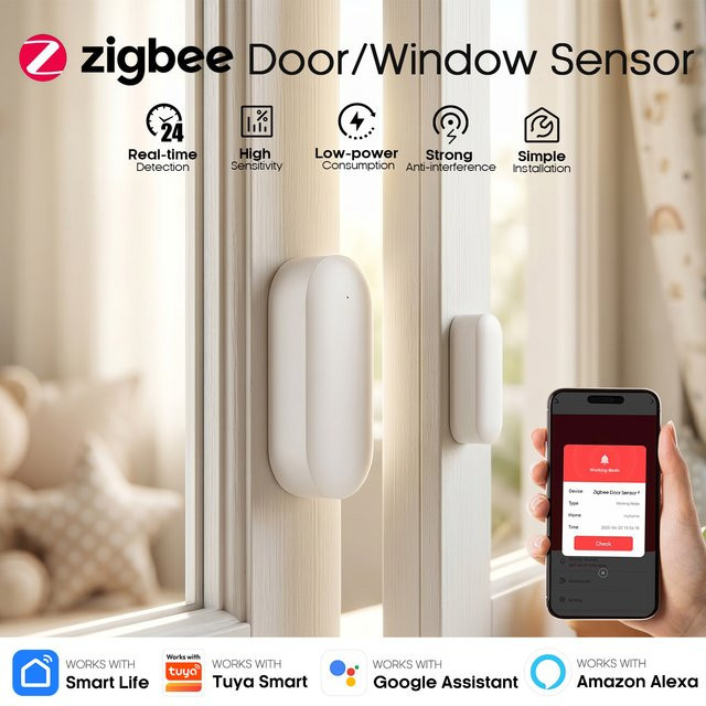Tuya Zigbee Türöffnungsmelder in Weiß für Smart Life App, kompatibel mit Alexa und Google zur Echtzeitüberwachung von Türen und Fenstern - Bild 1