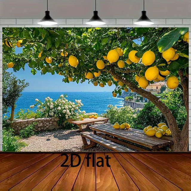 Wandteppich mit mediterranem Zitronenbaum und Meerblick in Blau und Multicolour, B/H: 180 x 110 cm - Bild 1