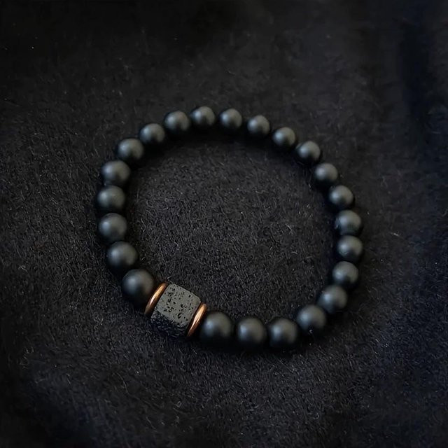 Global Finds Armband Herren, Vulkanstein & Schwarzer Achat, 8mm Beads - Bild 1