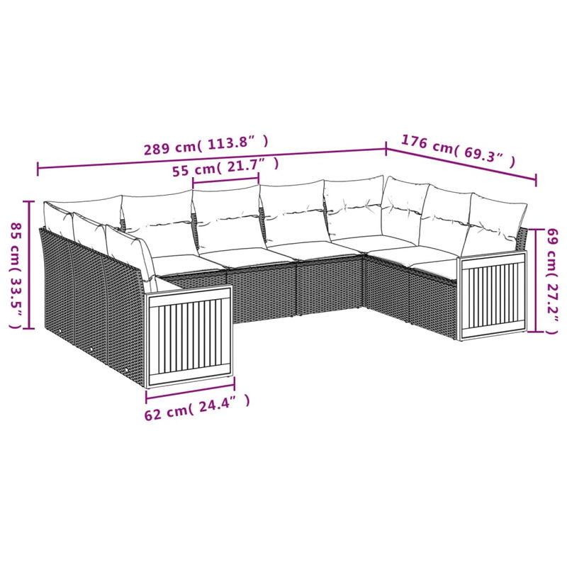Vidaxl Gartenmöbel-Set aus Polyrattan mit Kissen, 9-teilig, Grau/Schwarz, Modernes Design - Bild 3