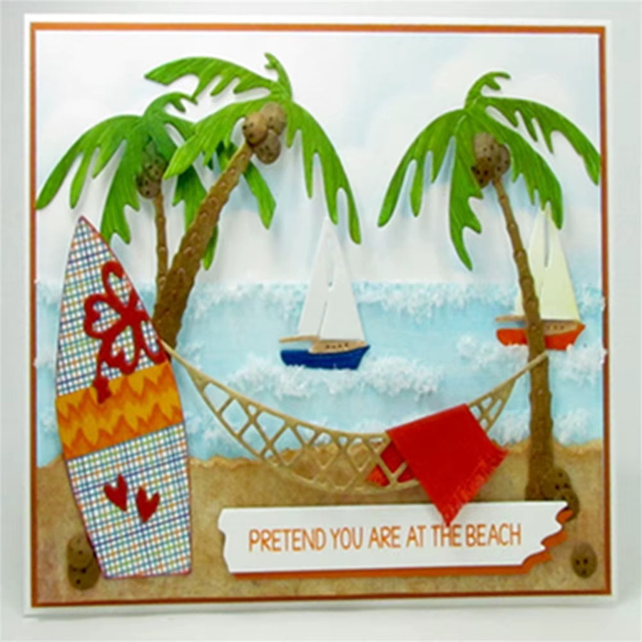 Metall-Stanzform mit Palmen, Hängematte und Strandmotiven für DIY Scrapbooking und Bastelarbeiten - Bild 2