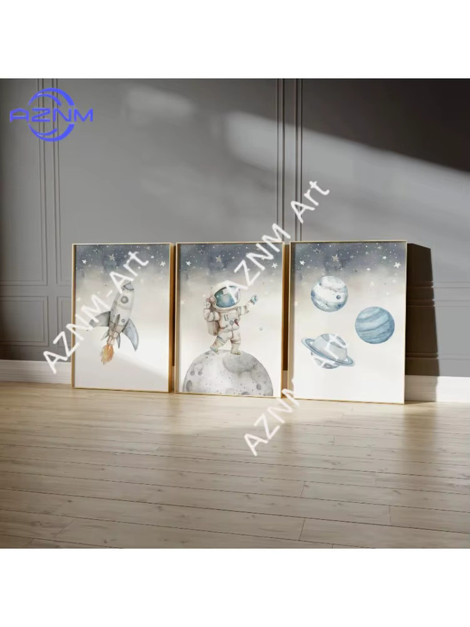 3-teiliges Set AZNM Weltraum-Wandkunst für Kinderzimmer mit Astronauten und Sternen in Aquarell-Optik, Mehrfarbig - Bild 4