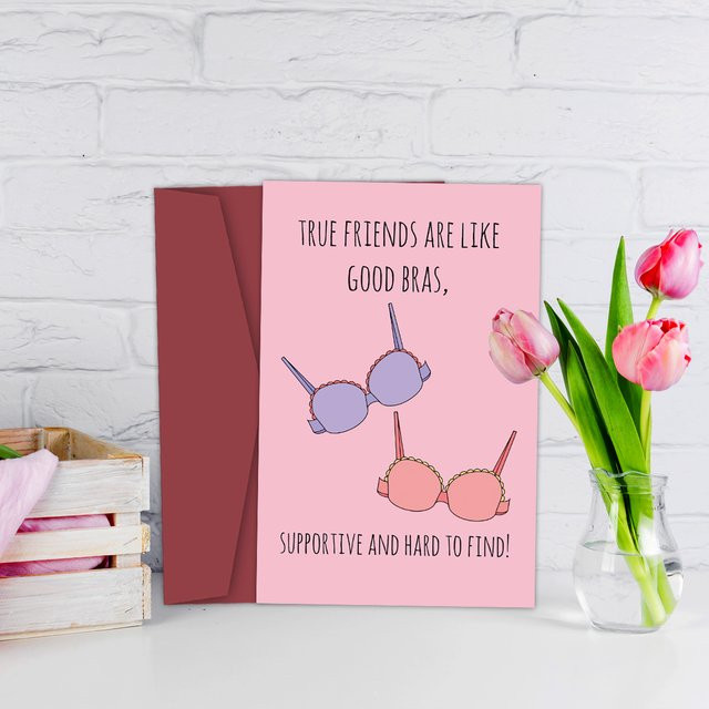 Lustige Geburtstagskarte für die beste Freundin in Pink mit dem Spruch Wahre Freunde sind wie gute BHs - Bild 1