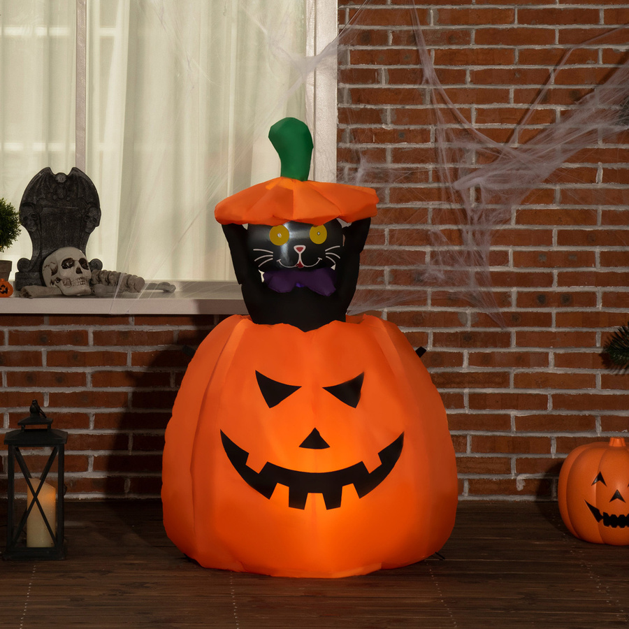 Outsunny Aufblasbarer Kürbisgeist mit beweglicher Katze und LED Lichtern, Halloween Deko für Indoor & Outdoor, Orange/Schwarz, Höhe: 115 cm - Bild 2