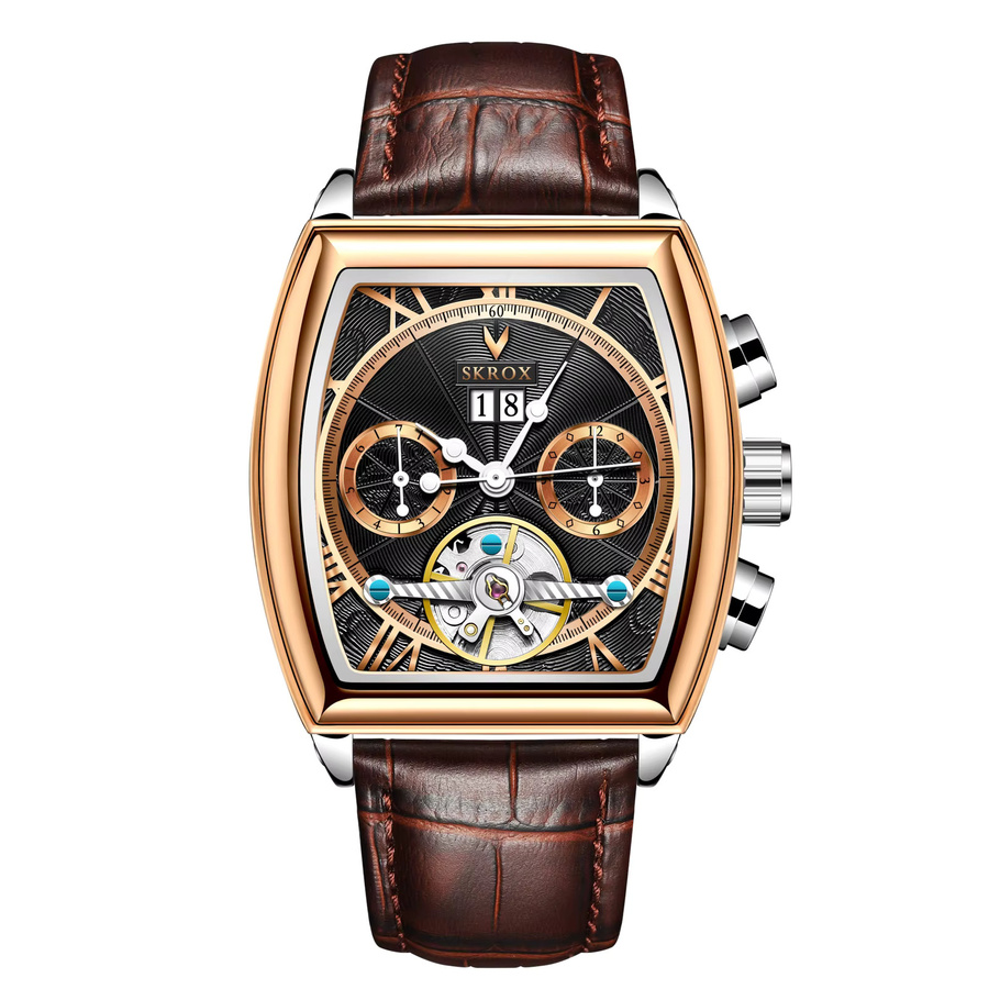 SKROX Armbanduhr Tonneau, Automatik, Edelstahl, Leder, Herren, Schwarz - Bild 6