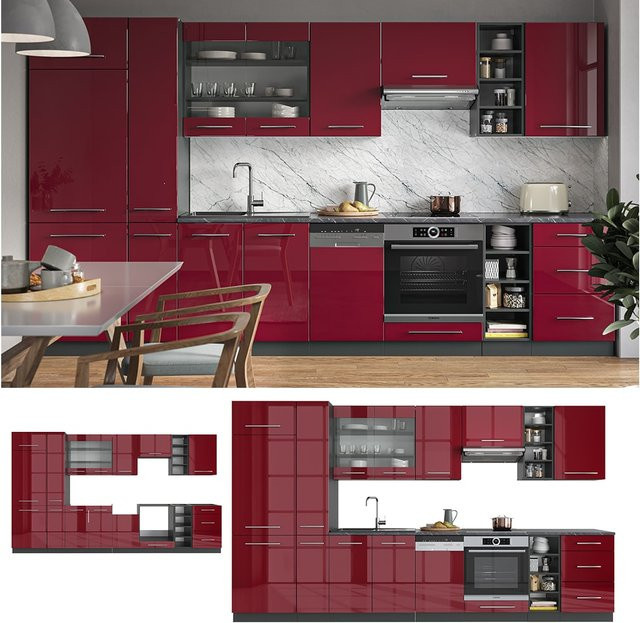 Vicco Küchenzeile Fame-Line Einbauküche in Bordeaux Hochglanz und Anthrazit, Breite: 355 cm - Bild 1