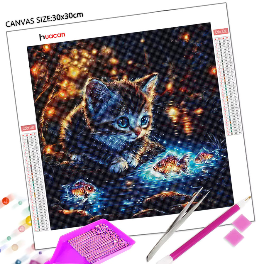 Huacan Diamantmalerei-Set Katze und Fisch mit Vollquadrat- und Rundbohrern, Mehrfarbig, B/H: 20 x 20 cm - Bild 2