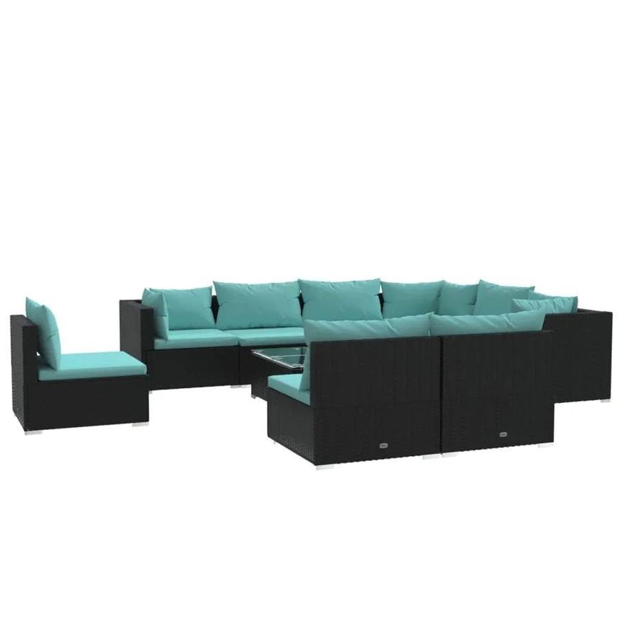 vidaXL 10-tlg. Garten-Lounge-Set in U-Form aus Poly Rattan mit Kissen und Couchtisch, Schwarz und Blau - Bild 2