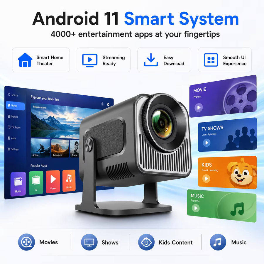 ZNLYRION HY320 Mini-Projektor in Schwarz mit 4K-Unterstützung, Android 11 Smart-Betriebssystem, Dual-Band Wi-Fi 6 und Bluetooth 5.0 - Bild 3