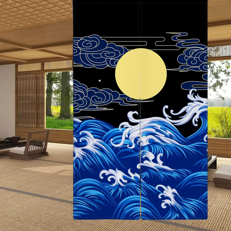 VIKAMA Japanischer Leinen-Vorhang mit Maneki-neko Motiv, dekorativer Türvorhang und Trennwand in Multicolour, Breite: 90 cm, Höhe: 160 cm - Bild 1
