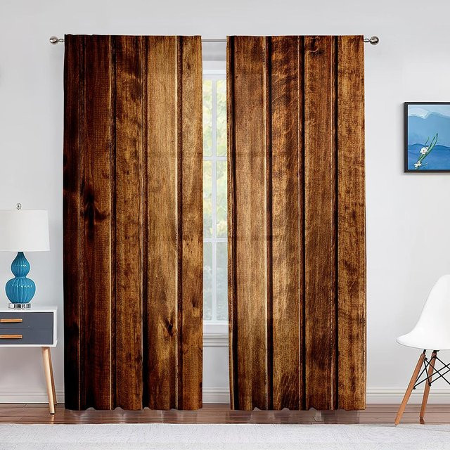 2-teiliges halbverdunkelndes Vorhang-Set mit Holz-Print von Household supplies MH, braun, B: 100 cm, H: 130 cm - Bild 1