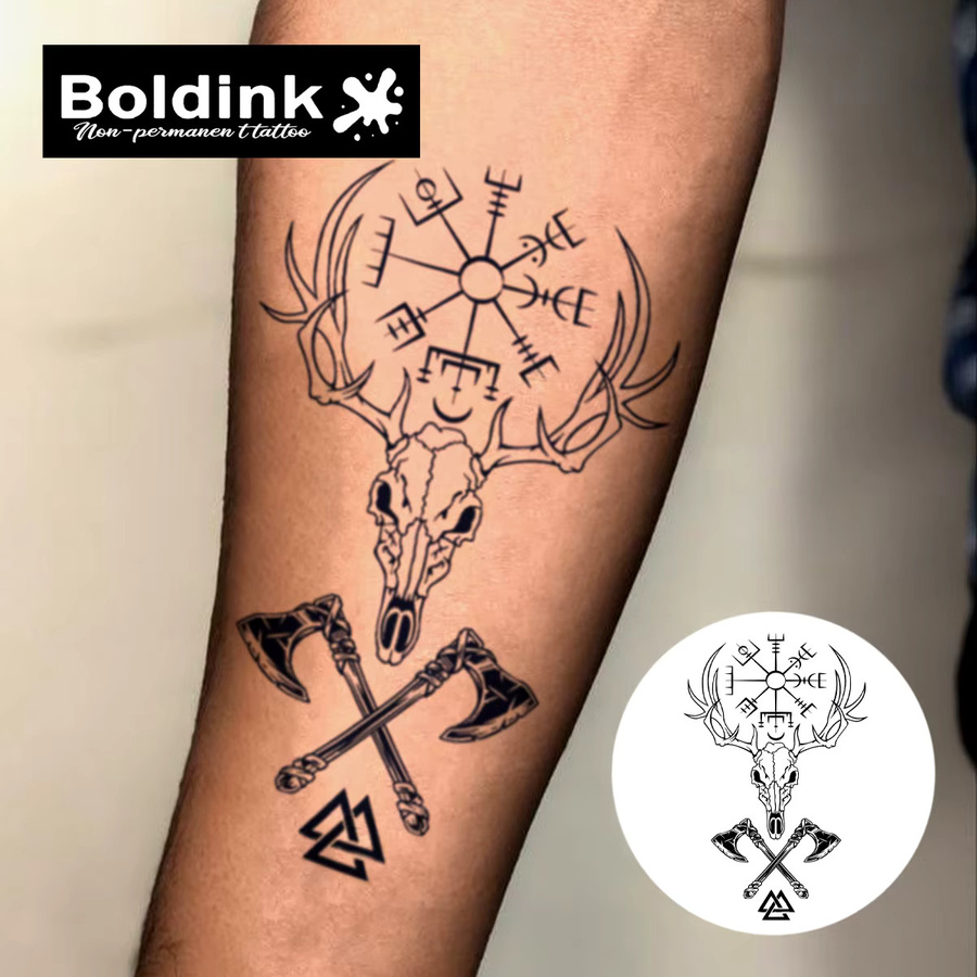 BOLDINK Nordischer Hirschkopf-Runen-Tattoo-Aufkleber, wasserdicht - Bild 2