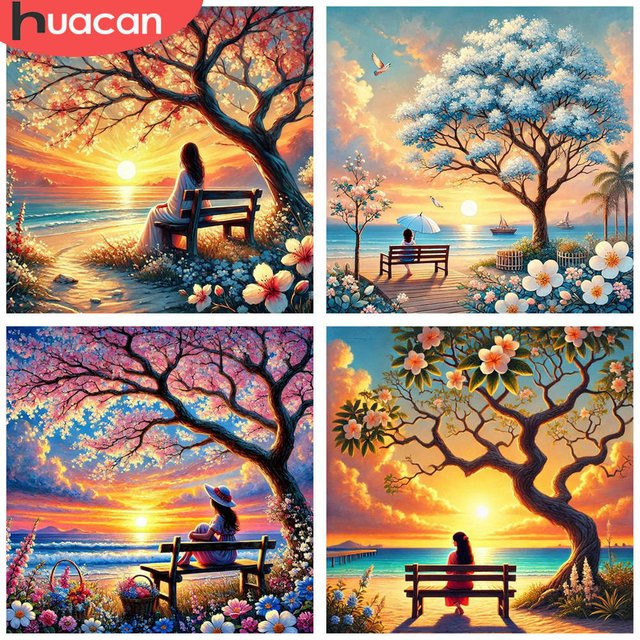 HUACAN Diamant-Malerei Set Friedlicher Sonnenuntergang mit Frau, 5D Diamant-Stickerei und 3D-Mosaik-Kunst-Dekor aus Acryl, B/H: 20 x 20 cm - Bild 1