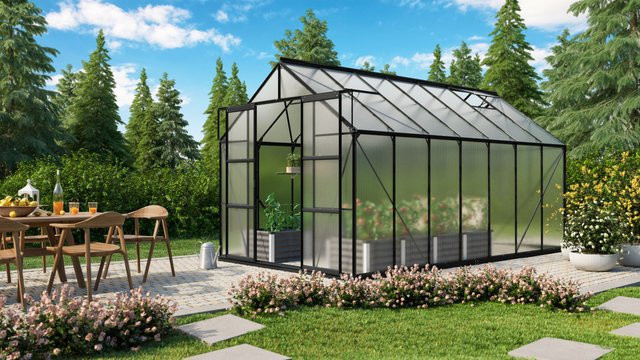 Vitavia Gewächshaus Uranus mit 11,5 m² Fläche, schwarz, Aluminium und Polycarbonat mit Doppelschiebetür und 4 Dachfenstern - Bild 1