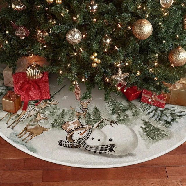 VIKAMA Weihnachtsbaum Rock mit Schneemann, Rentier und Schneeflocken in Weiß für Innen- und Außenbereiche - Bild 1