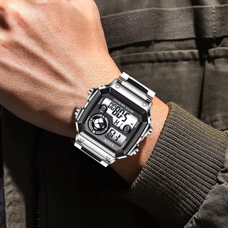 LIGE Digitaluhr, Edelstahl, eckig, Herren, Alarm, Datum - Bild 5