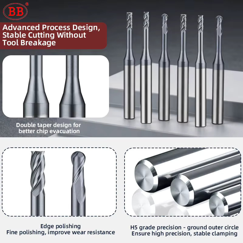 BB Mikro-Schaftfräser Mini Flach-Kugelkopffräser 2F für CNC Präzisionsbearbeitung in Stahl und Metall, Farbe: Silber - Bild 2