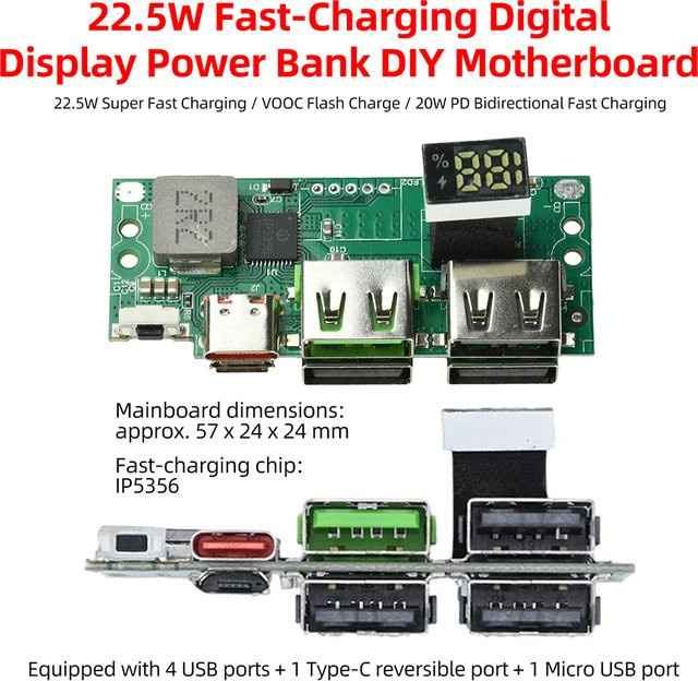 diymore DIY Powerbank Lademodul IP5356 mit 22,5W Superschnellladen und 20W PD Bidirektional, USB-A, USB-C und Micro-USB, Grün - Bild 1