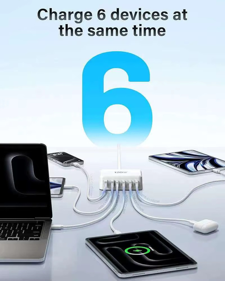 Deepartner USB C Schnellladegerät 120 W GaN Ladestation mit 6 Ports, Farbe: Weiß - Bild 4