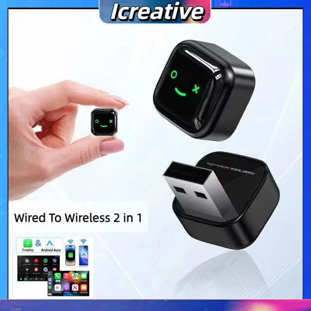 Icreative 2-in-1 Kabelloser Mini-Adapter für Apple CarPlay und Android Auto Dongle in Schwarz oder Grau - Bild 1