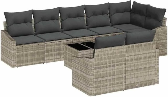 vidaXL Gartensofa-Set aus Poly-Rattan in Hellgrau mit 9 Teilen und Kissen - Bild 1