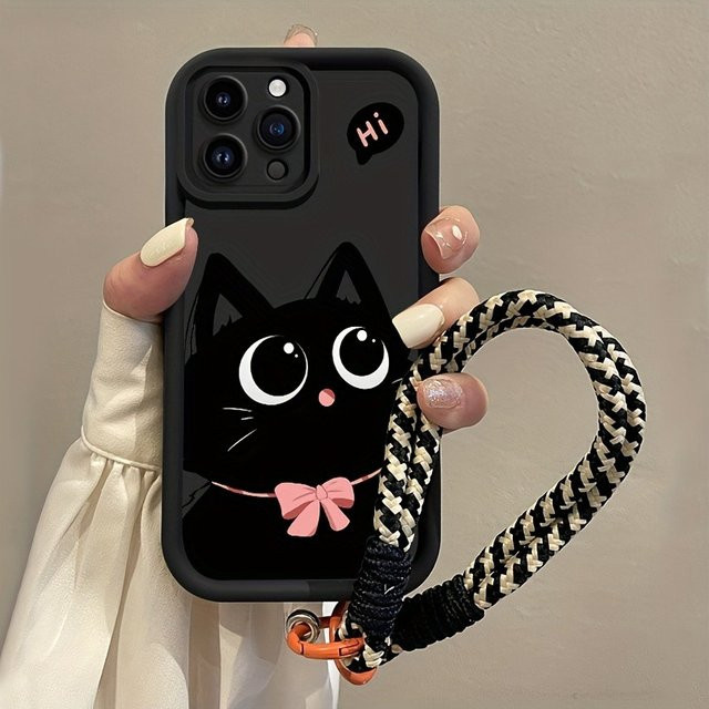 Schwarze Katzen Silikon Handyhülle mit Tragegurt für iPhone Modelle - Bild 1
