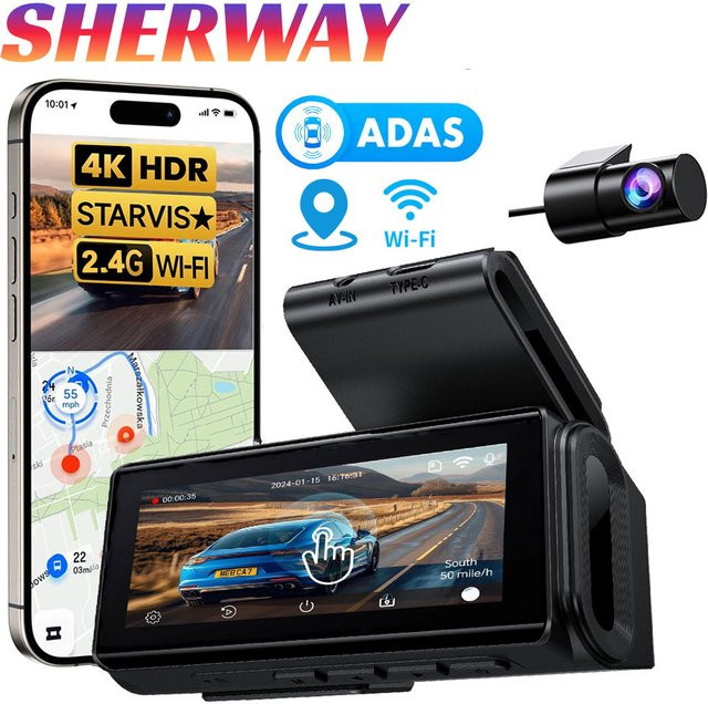 Sherway Dashcam 4K mit Zweikanal-Aufnahme und 2K HDR, 3,69 Zoll IPS Touchscreen, 24H Parküberwachung, ADAS und WIFI App, Schwarz - Bild 1