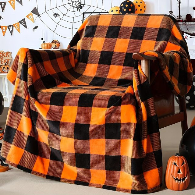 JMG Household Supplies Halloween-Decke aus Plüsch in Orange und Schwarz Kariert, B/H: 100 x 150 cm - Bild 1