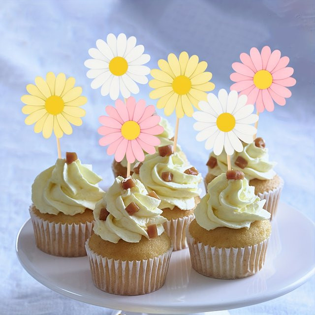 12 Stück Cupcake-Topper aus Papier mit rosa Gänseblümchen und Chrysanthemen als Kuchendekoration in Pink und Multicolour - Bild 1