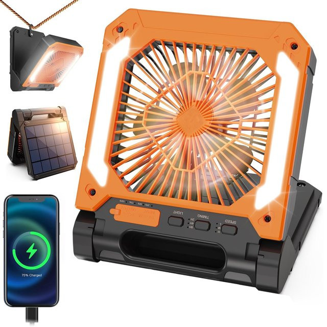 WAAJEA Tragbarer Solar-Campingventilator mit Licht und Powerbank, Wiederaufladbar, Weiß - Bild 1