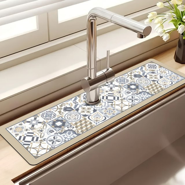 VIKAMA Abtropfmatte für das Waschbecken mit blauem und goldenem Vintage-Blumenmuster, rutschfest und schnell trocknend, B/T: 38,0 x 10,0 cm - Bild 1
