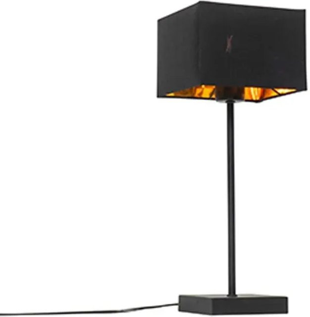 QAZQA Moderne Tischlampe mit schwarzem Stoffschirm und Gold-Details, E27, Schwarz/Gold - Bild 1