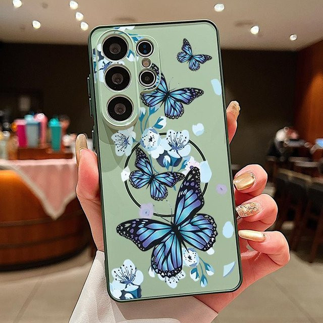 Magnetische MagSafe Schutzhülle für Samsung Galaxy S26 Ultra S25 Edge S24 Plus S23 FE S22 A17 A54 A55 A56 A57 5G mit Schmetterlingsblumen Muster in Grün - Bild 1