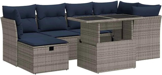 vidaXL 7-teilige Garten-Sofagarnitur aus Poly-Rattan und Akazie in Grau mit Kissen - Bild 1
