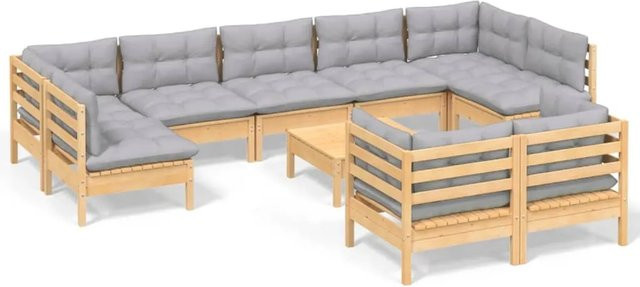 vidaXL 10-teiliges Garten-Lounge-Set aus massivem Kiefernholz mit grauen Kissen - Bild 1