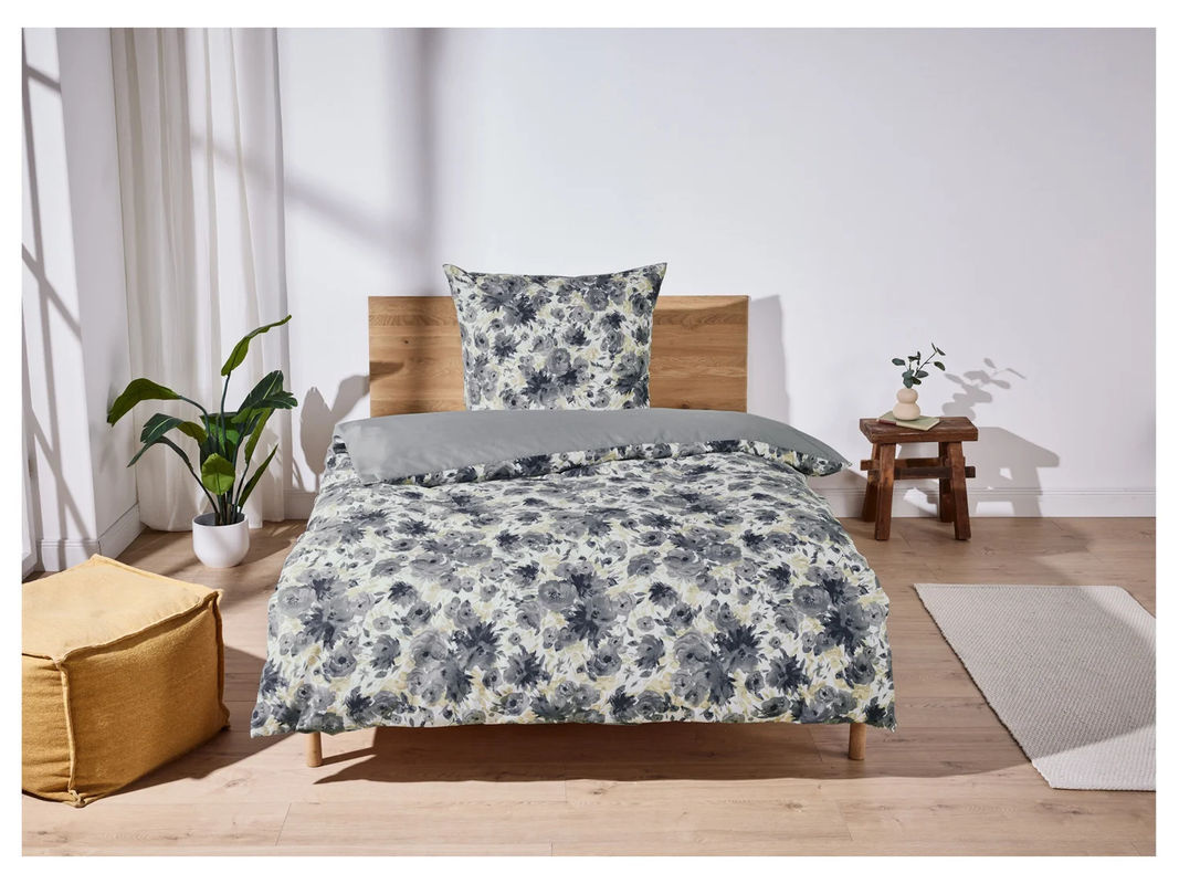LIVARNO HOME Renforcé-Bettwäsche mit floralem Muster in Weiß, Blau und Grau, B/H: 155 x 220 cm und Kissenbezug 80 x 80 cm - Bild 2