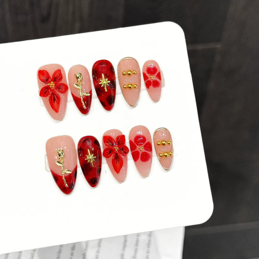 YADORNOS Press-on-Nägel mit 3D-Blumendekor, mandelförmig, glänzend, Damen - Bild 2