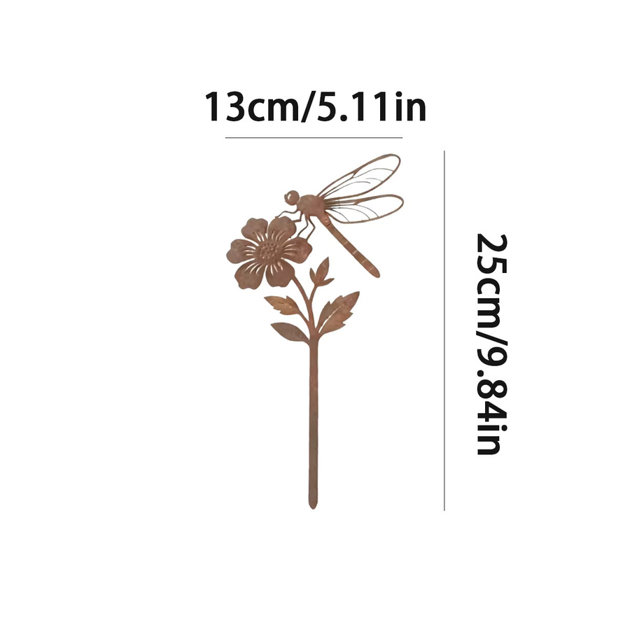 Schmiedeeiserner Gartendekorationspfahl mit Libellen- und Blumenmotiv in Rostbraun - Bild 3