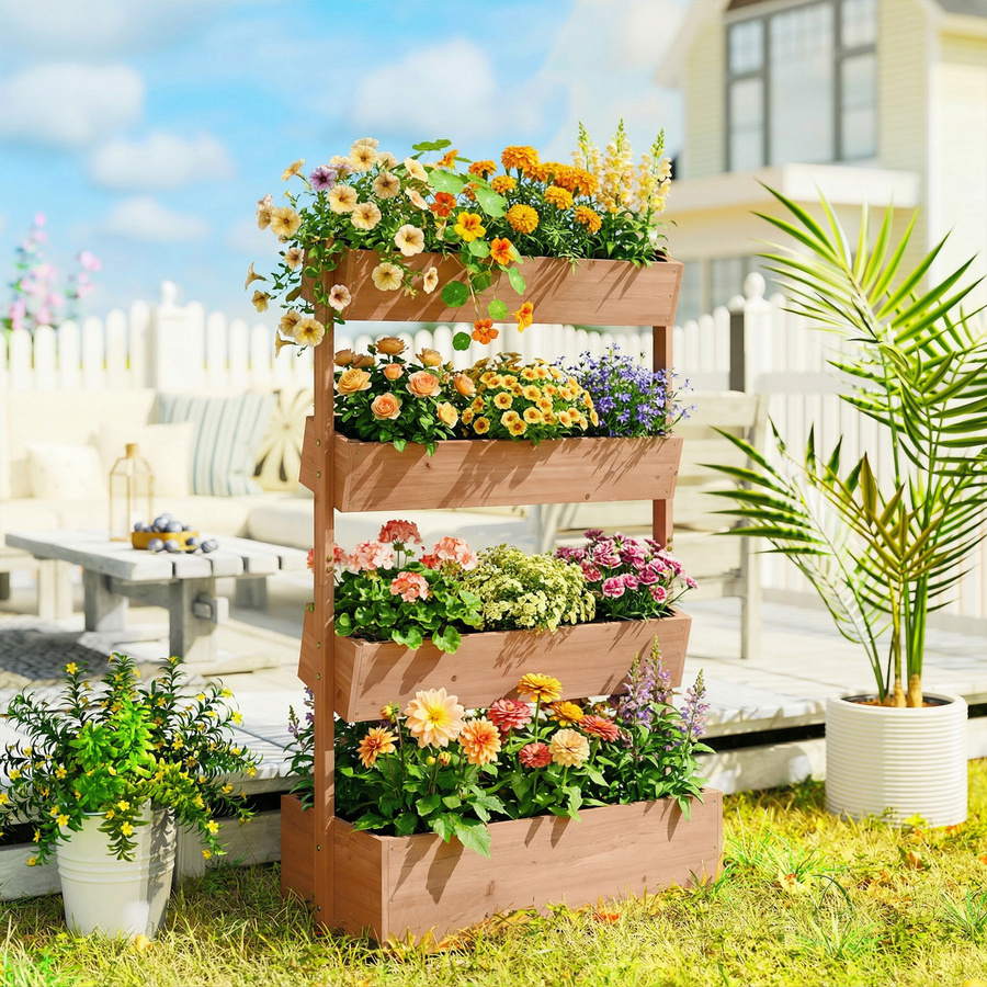 Outsunny Holzkasten erhöhtes Hochbeet mit 4 Ebenen in Braun, Pflanzkasten für Gemüse und Blumen, H x B x T: 140 x 85 x 45 cm - Bild 2