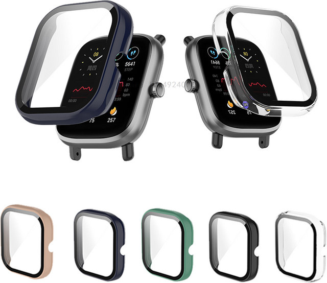 Schutzhülle für Huami Amazfit Bip U, U Pro, GTS 3 und GTS 2 Mini aus hartem PC mit Glas-Displayschutz in Schwarz - Bild 1