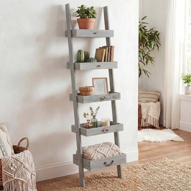 MCW Pflanzregal Blumenständer aus Paulowniaholz in Grau im Shabby-Look, H: 169 cm, B: 43 cm, T: 32 cm - Bild 1