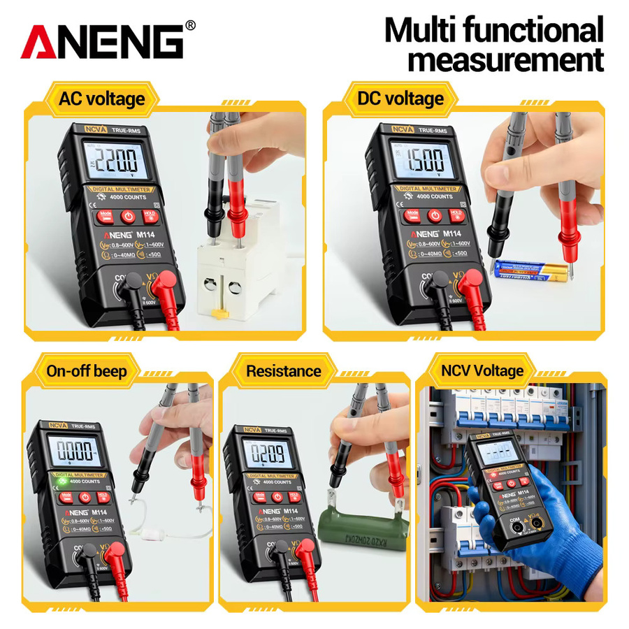 ANENG M114 Digital-Multimeter Tester in Schwarz mit DC/AC-Spannung, NCV, Widerstand und automatischer Hintergrundbeleuchtung - Bild 4