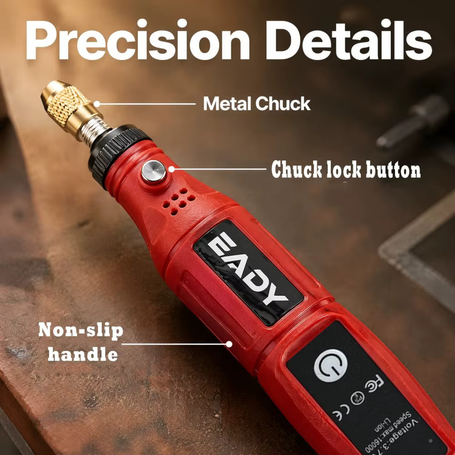 EADY USB-Mini-Rotationswerkzeug in Rot – Kabelloser Gravurstift für Schmuck, Holz, Metall und Glas – Wiederaufladbar für DIY-Schnitzereien und Polieren - Bild 2
